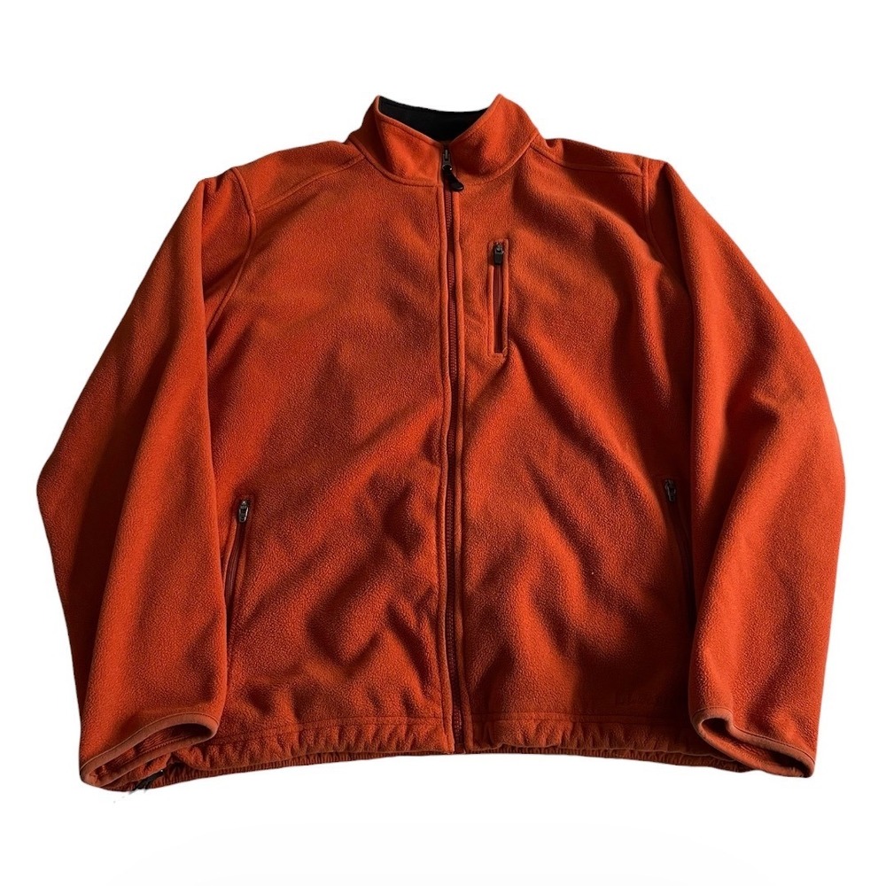 LL Bean Mens Large Orange Full Zip Fleece Jacket Mock Neck 3 Pocket 0FJM3 Hiking